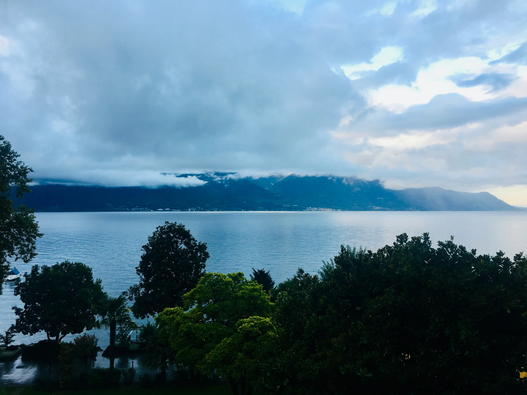 a cloudy view of the water, and some trees