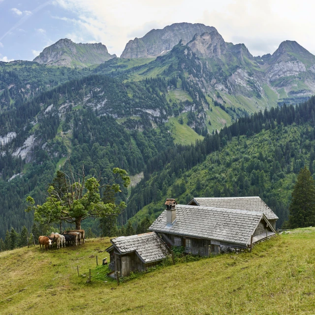 an old stone house on a grassy hill