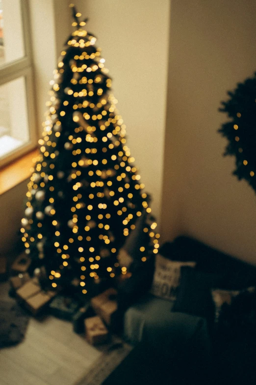 a christmas tree is in the middle of a living room