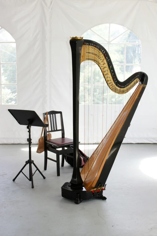 a big long metal harp sitting in a room next to chairs