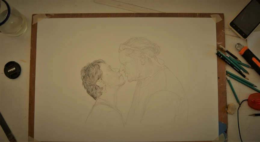 a drawing of a man kissing a woman in a hat