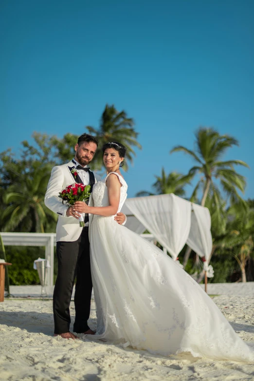 the bride and groom are posing on the beach