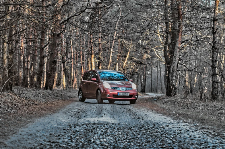 a small car on the road in the woods