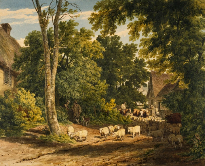 painting of people, animals, and trees in a countryside