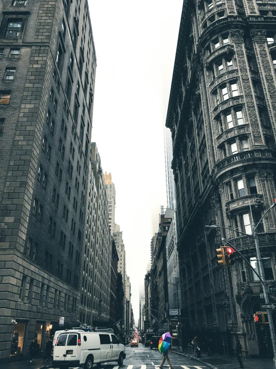 a view looking up at the city streets and buildings