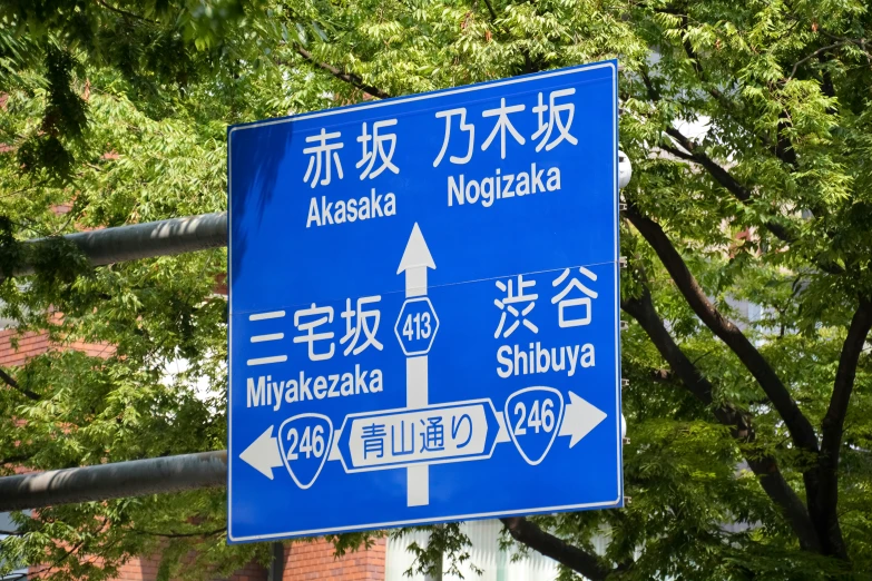 blue sign that is in japanese above some street signs
