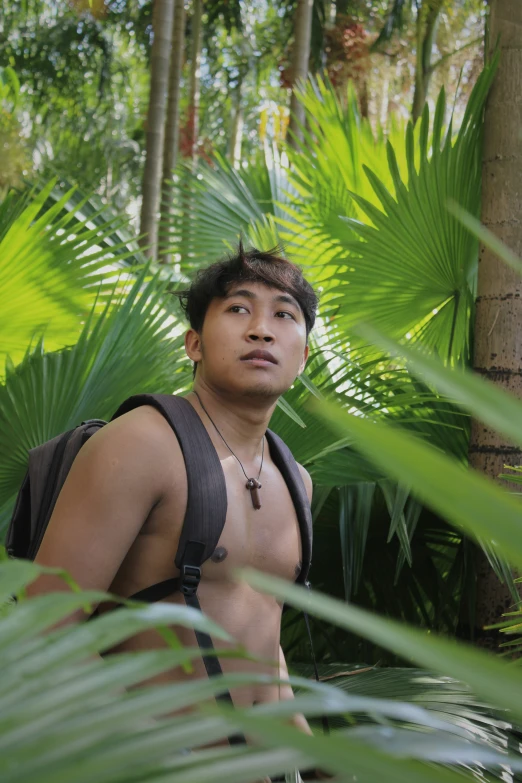 a young asian man is seen in a po with palm trees around him