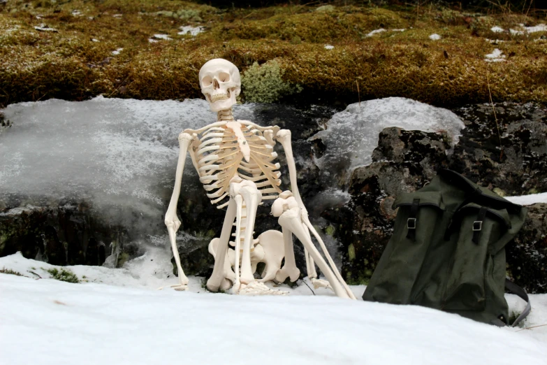 a skeleton sitting in snow next to the rocks