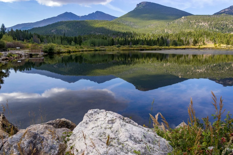 a mountain lake surrounded by green mountains