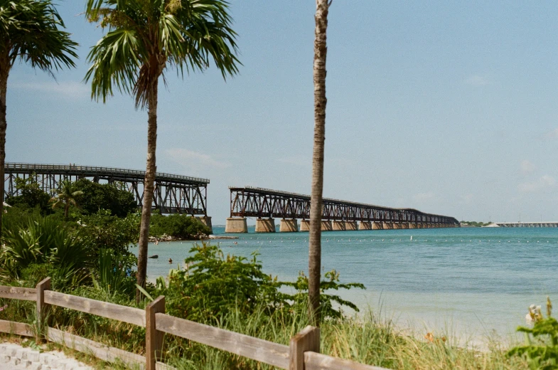 a train bridge crossing a lake in a tropical country