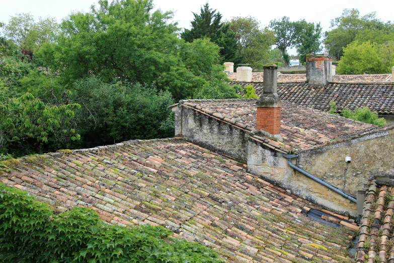 a brick roof on a house with lots of windows