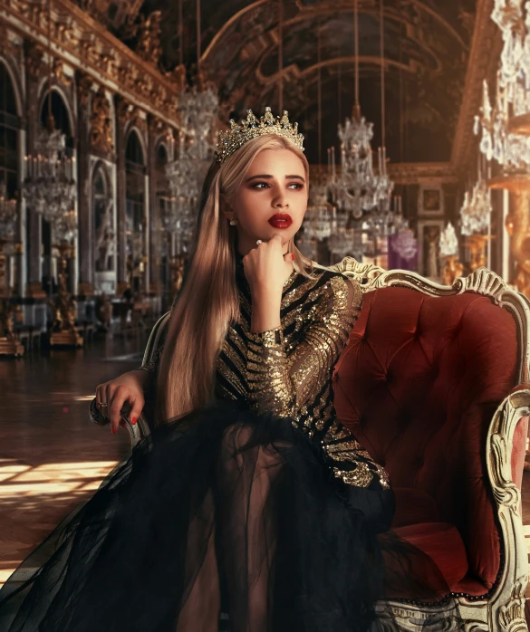 a woman with a crown and long hair sitting on a couch