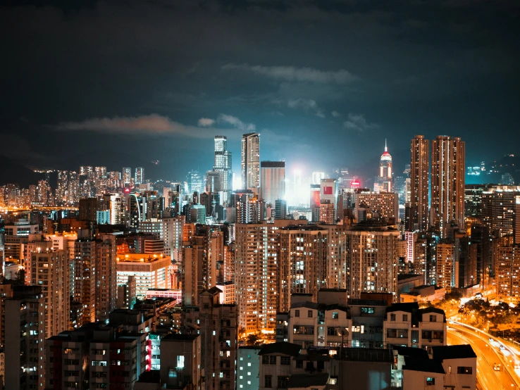 a city view at night with the lights on