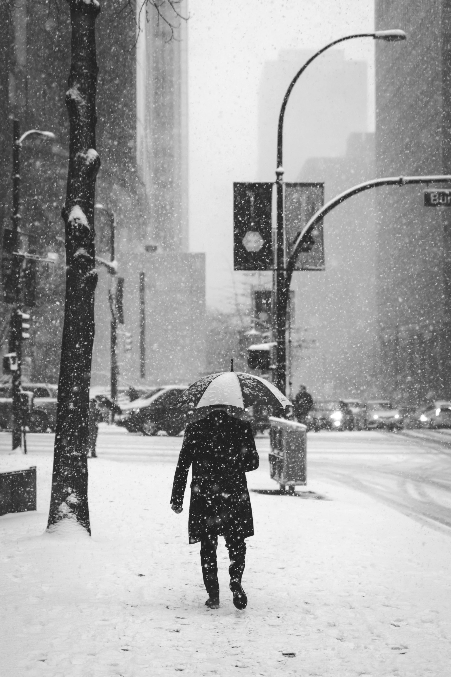 a person holding an umbrella walking across a street