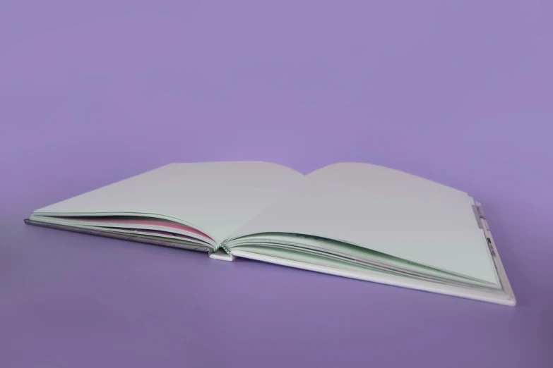 a blank notebook sits open on a purple surface