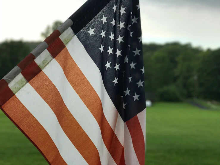 an american flag is hanging in the grass