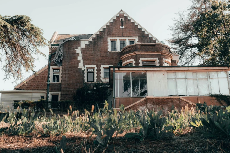 an abandoned house surrounded by trees and shrubbery