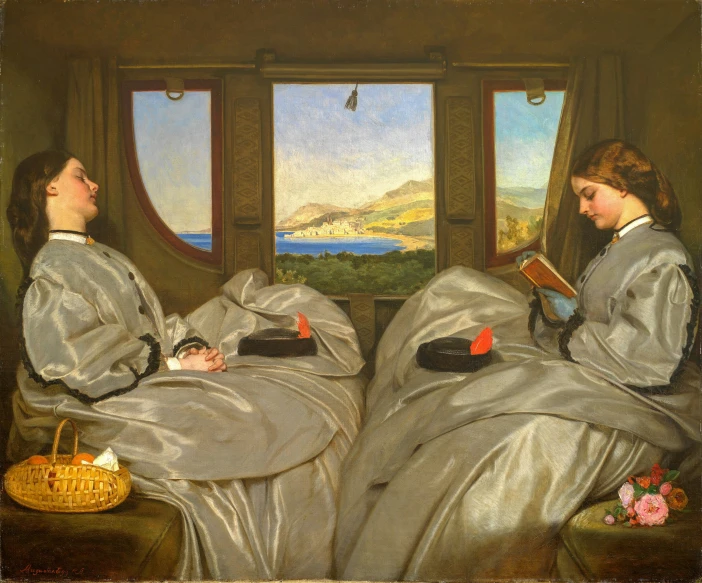 two women in grey dresses are looking out a window