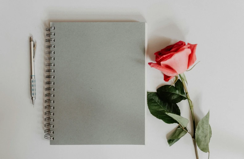 an open notebook, a rose, and pen on a table