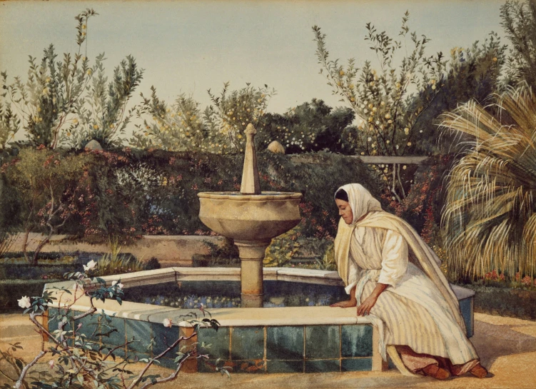 a painting of a woman in a garden sitting next to a fountain