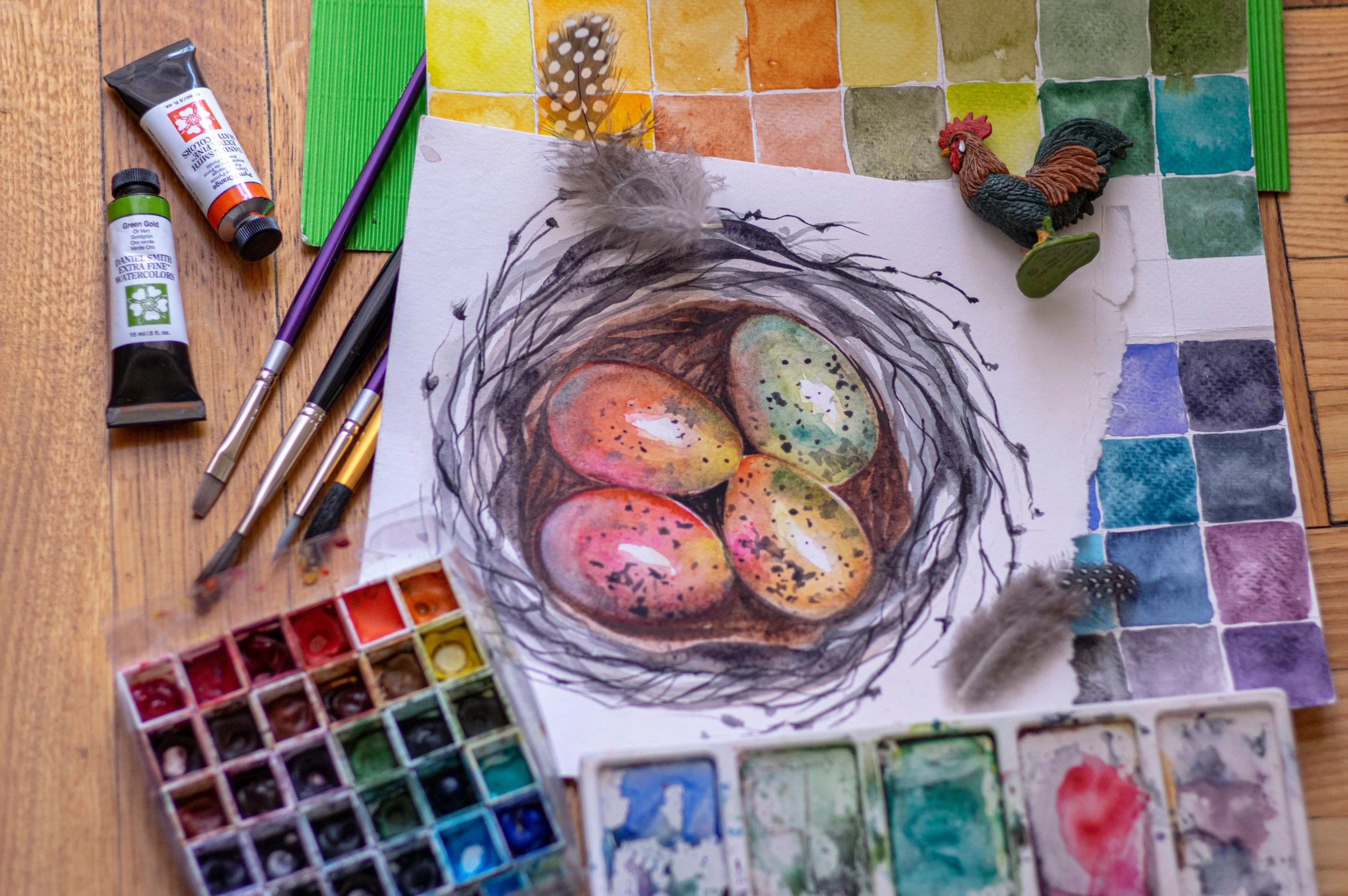 a painting with watercolors, some birds and one eggs in the nest