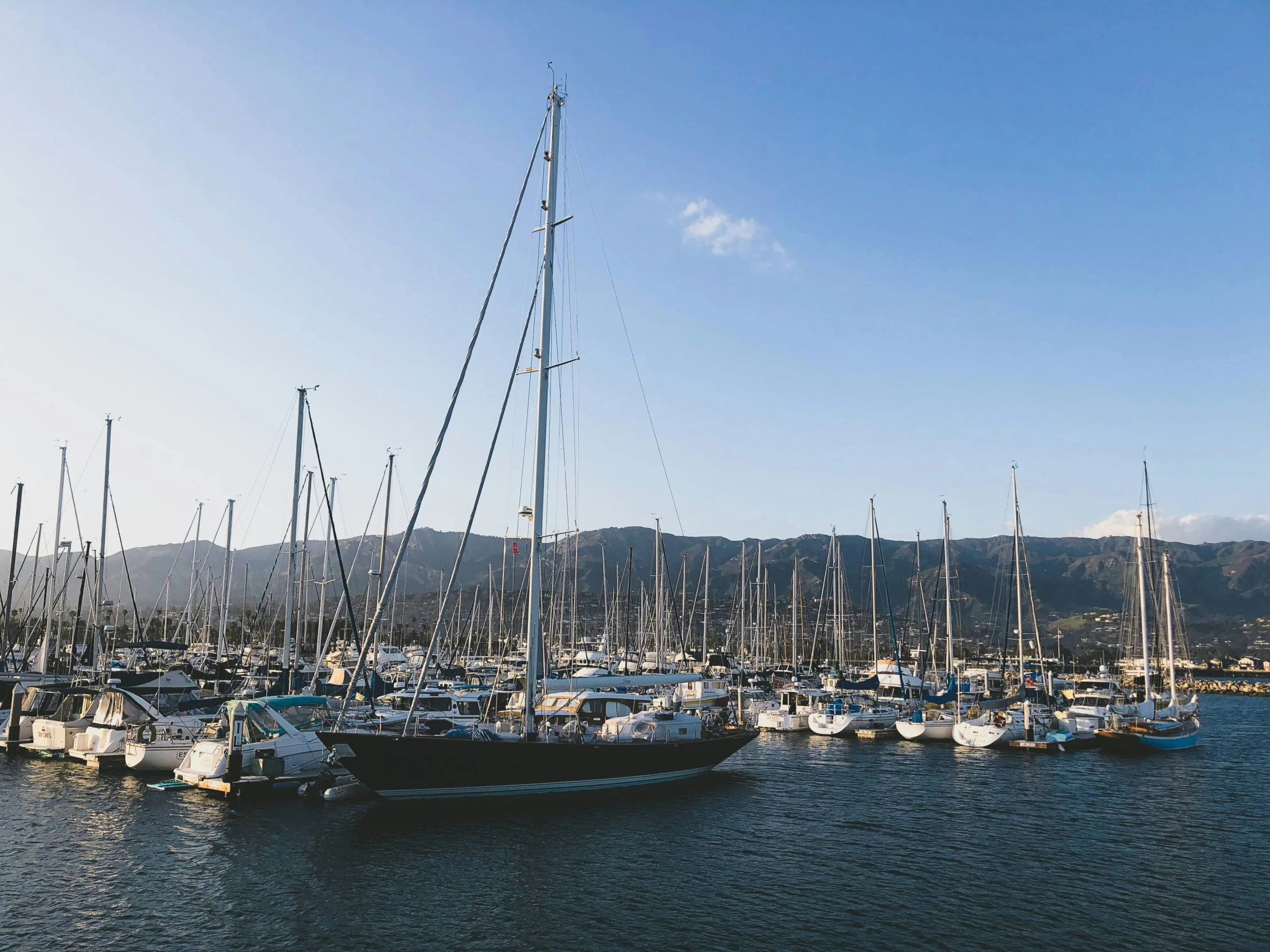 a harbor with sailboats docked in it on a clear day