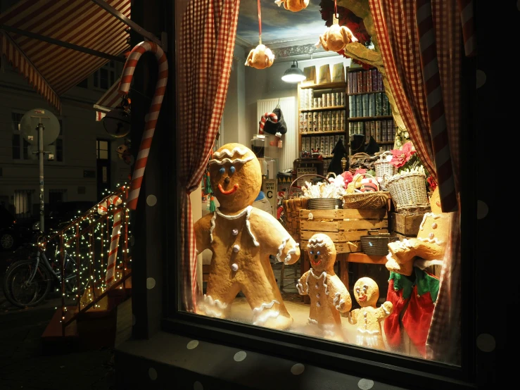 a display window with teddy bears on display