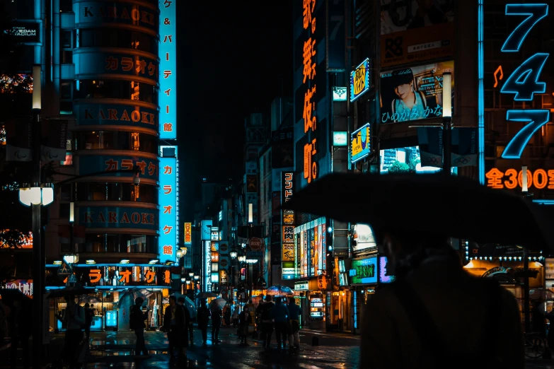 people walking down a city street at night