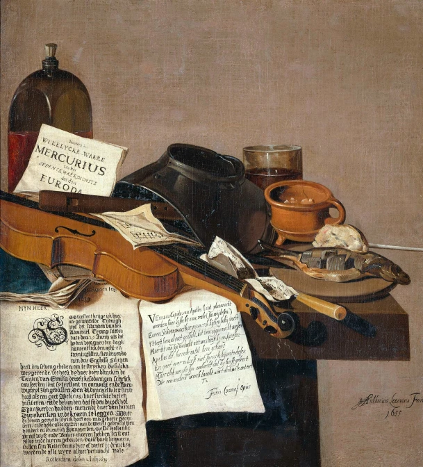 a painting of a collection of musical instruments, books and a bottle