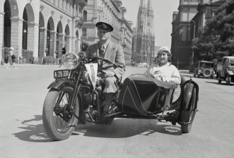 an old po shows a man and woman riding on the back of a motorcycle