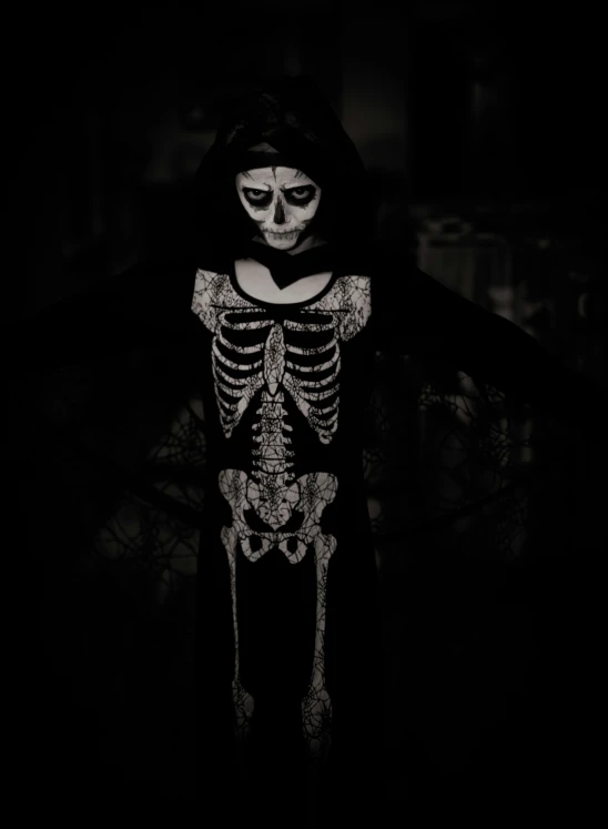 a skeleton is wearing a dark robe