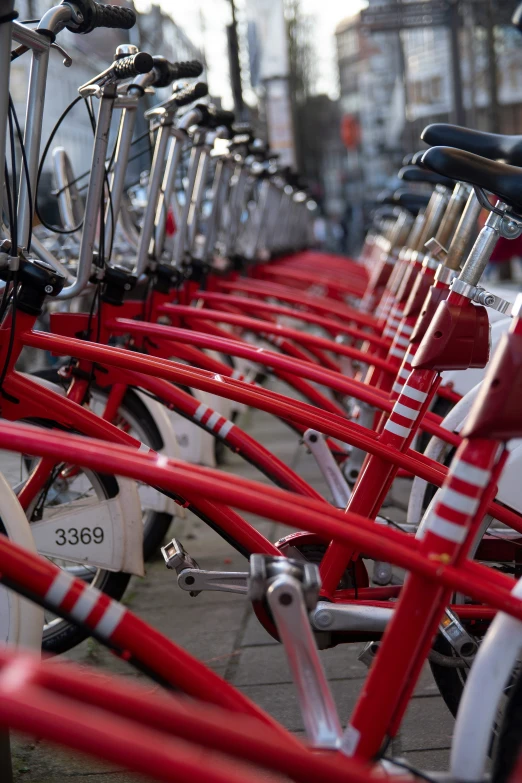 a line of red bicycles parked on the side of a street