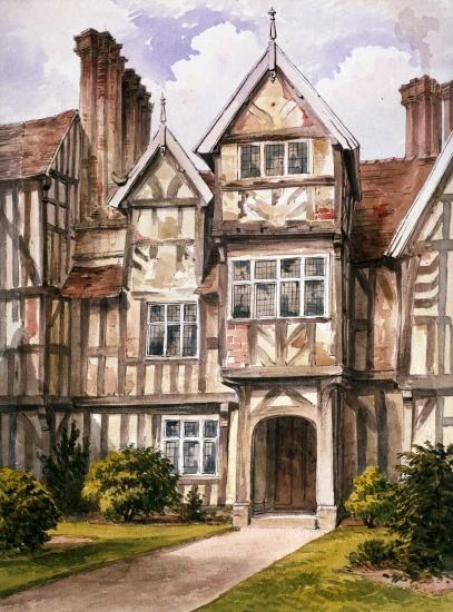 a painting of a large historic house with some windows