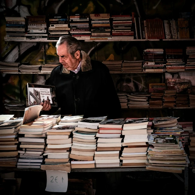 a man is sitting behind a table with many books