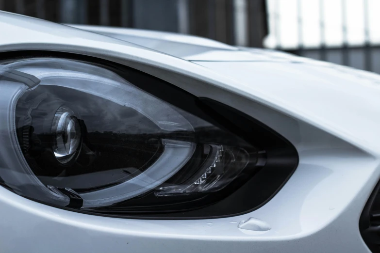 close - up of the headlight of a white car