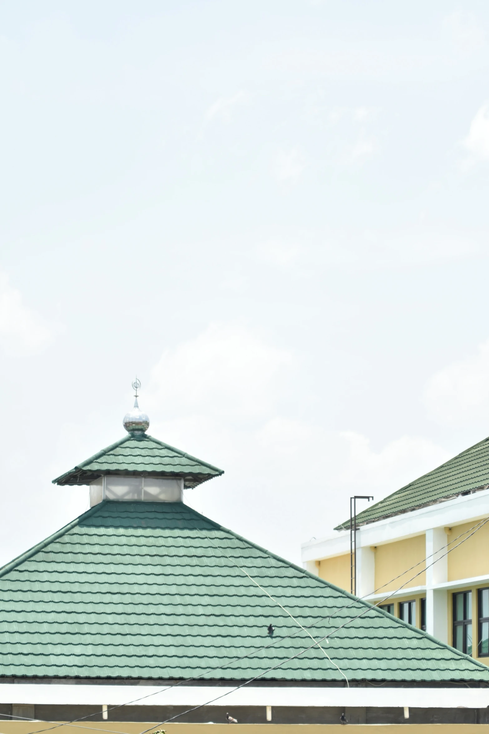 a green roof has two identical rooftops on it