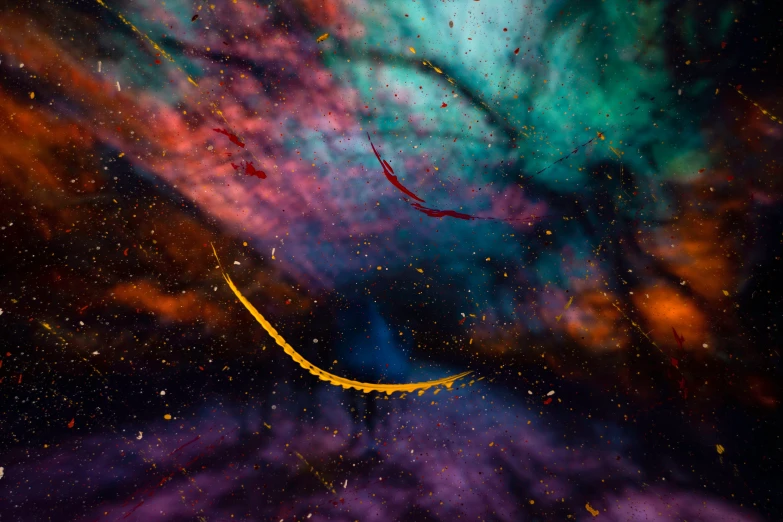 an abstract painting of swirling, spewing stars and a curved yellow piece