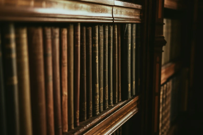 an old liry with wooden shelves and books