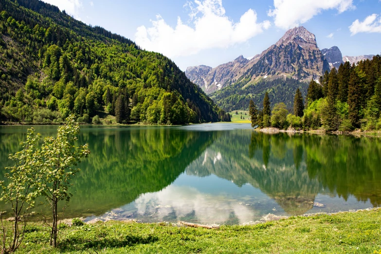 an alpine lake in the middle of mountains