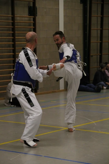 two men in competition wear performing karate moves