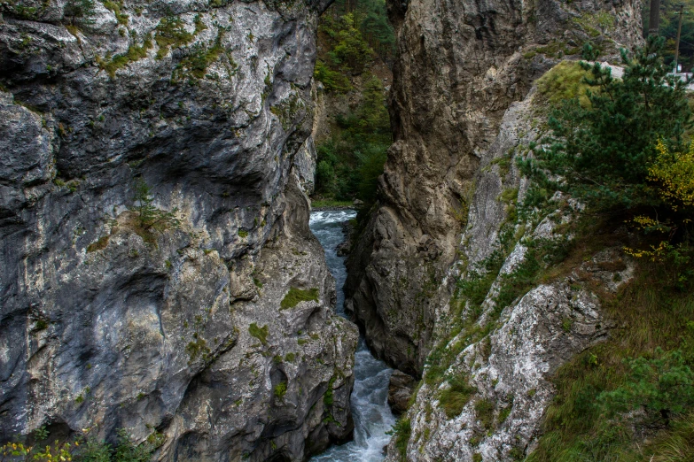 a very tall narrow canyon filled with rocks and grass