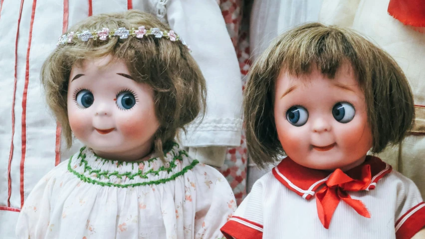 two vintage dolls dressed to look like children