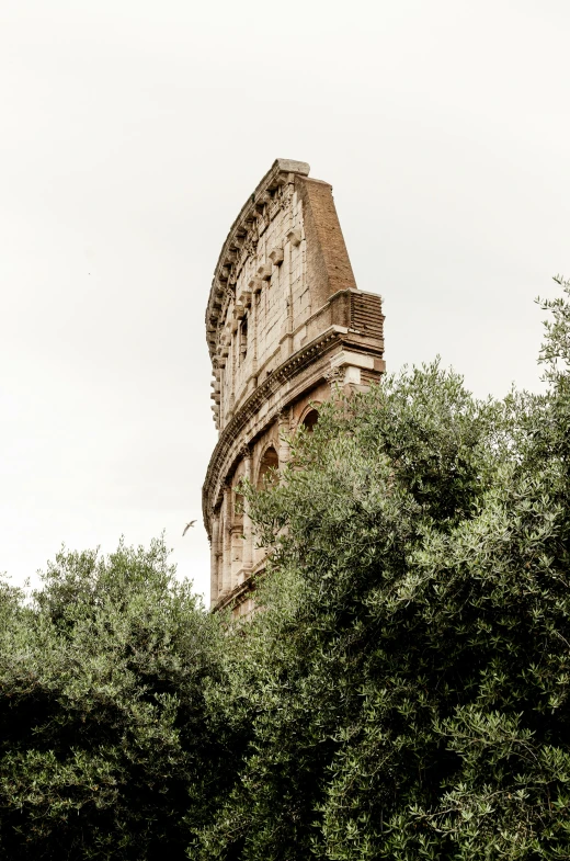 a view of an old tower and tree tops