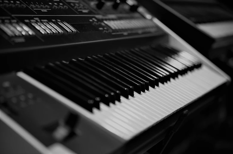 black and white pograph of an electric piano