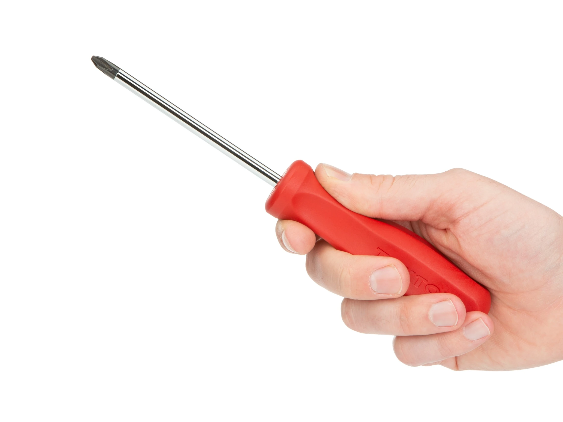 a red tool that is held by someone