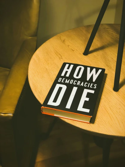 a book on how demorcracies die is placed next to a chair
