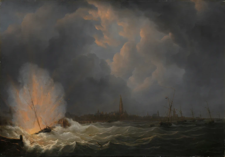 a painting shows a naval ship attacking a fleet of ships