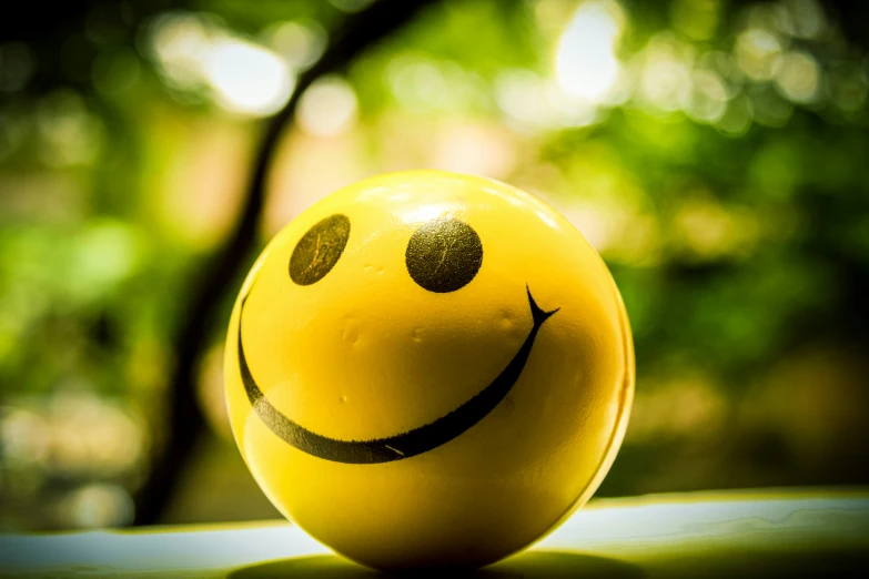 a smiley face sitting on top of a table next to a green tree