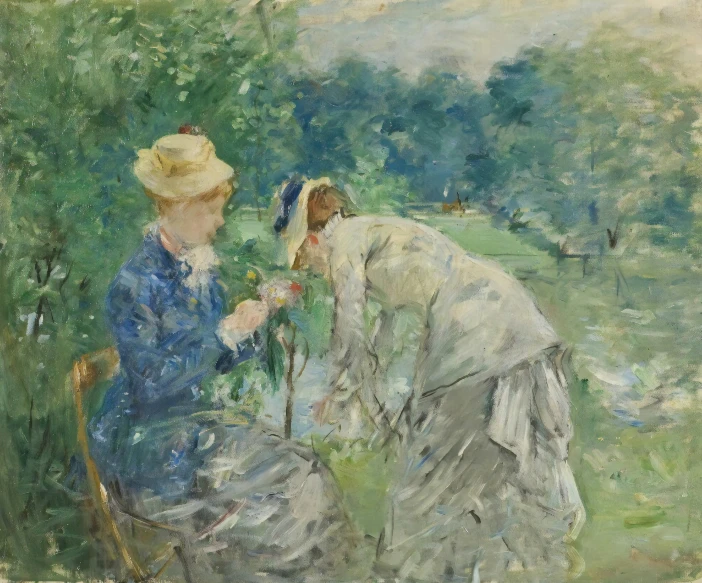two women picking up flowers in an art nouveau painting