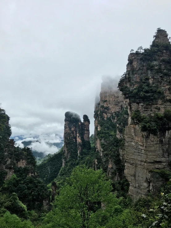 the mountain range is covered in thick greenery